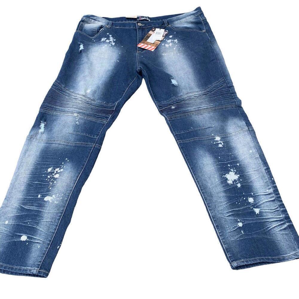 NWT Bleeker & Mercer Mens Skinny Acid Splatter Moto Blue Jeans Size 44x33​​​